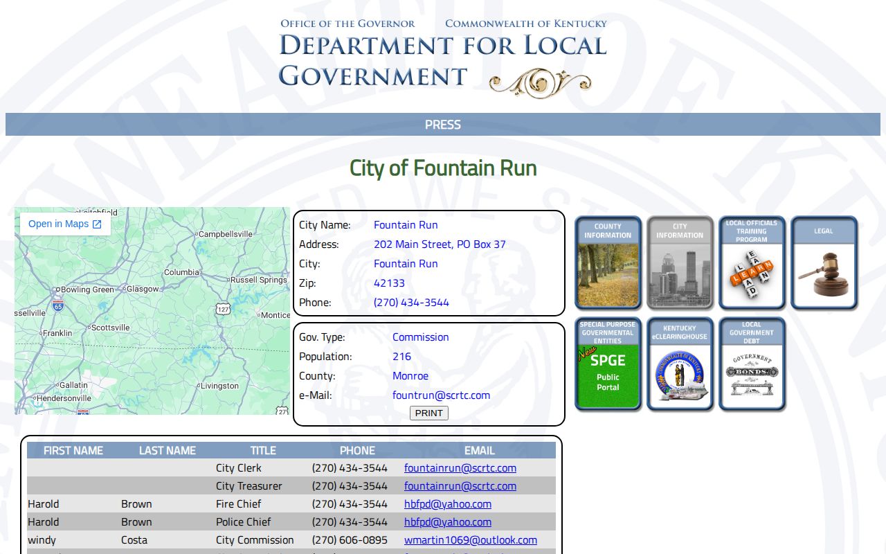 Kentucky Department for Local Government Fountain Run city profile
