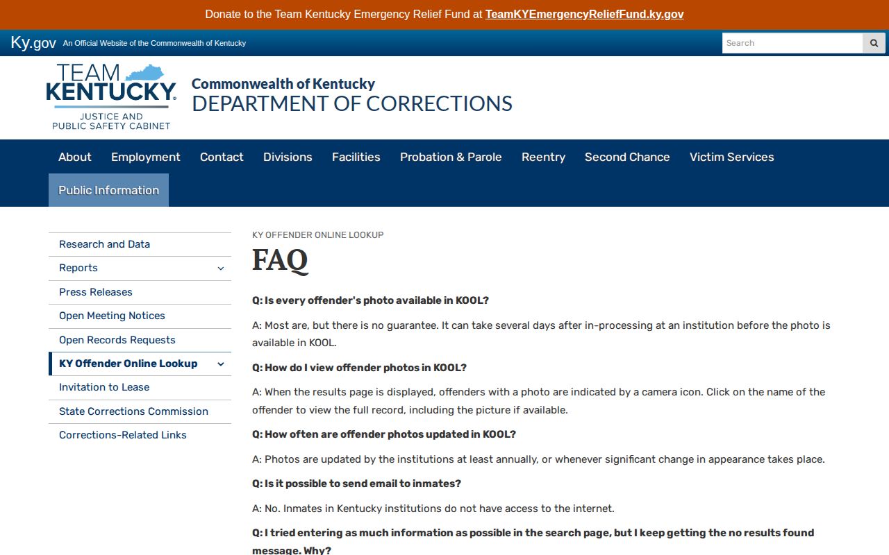 Kentucky Department of Corrections KOOL FAQ