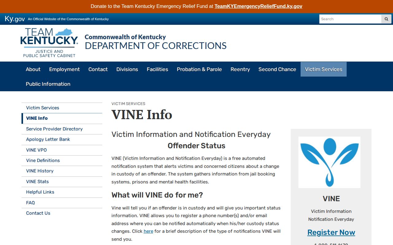 Kentucky Department of Corrections official VINE information page for custody alerts
