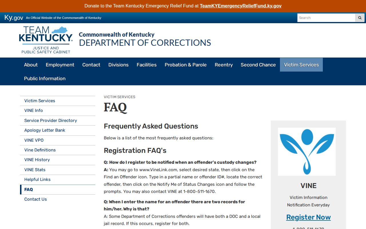 Kentucky VINE official frequently asked questions page explaining custody alert registration