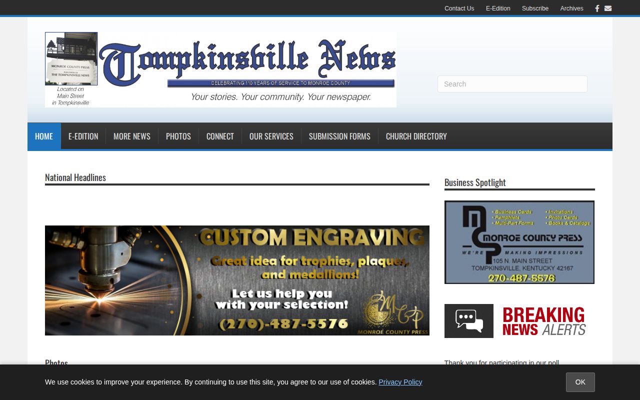Tompkinsville News homepage used as a selective Monroe County arrest-report lead